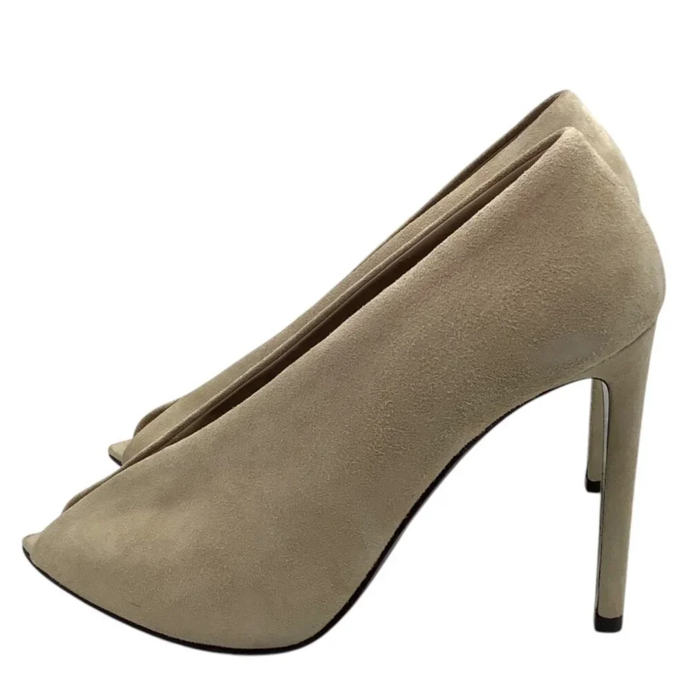 BALENCIAGA Split Vamp Stiletto Pumps 36 6 Booties Peep Toe Suede Neutral Beige